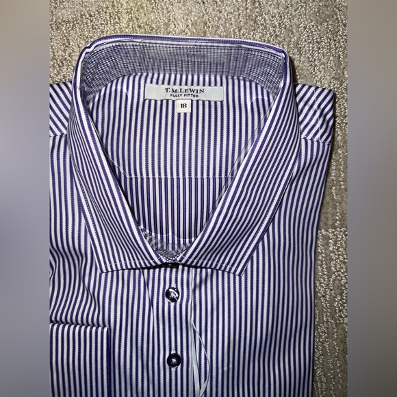 TM Lewin Purple & White Striped Fully Fitted Button Down Shirt - UK 18; US 16 - Picture 3 of 12